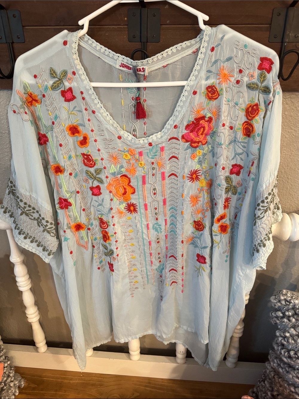 Johnny Was Pale Blue Embroidered Floral V-Neck Tunic